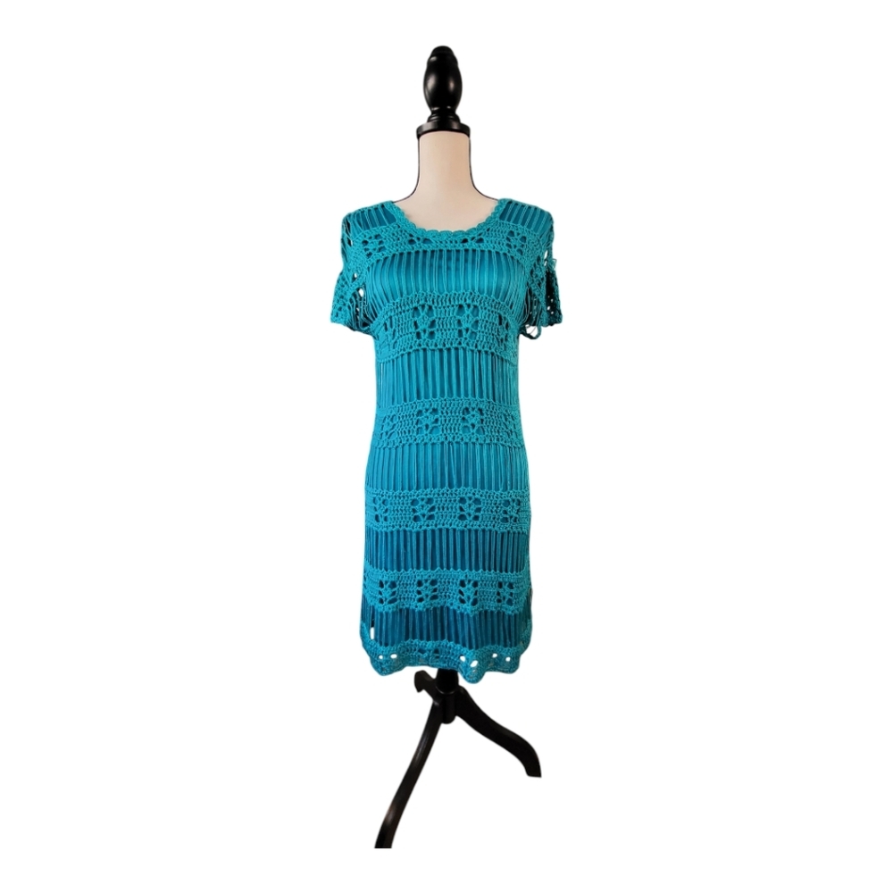 💕Vivid collection crochet‎ overlay dress Womens Size Small Teal